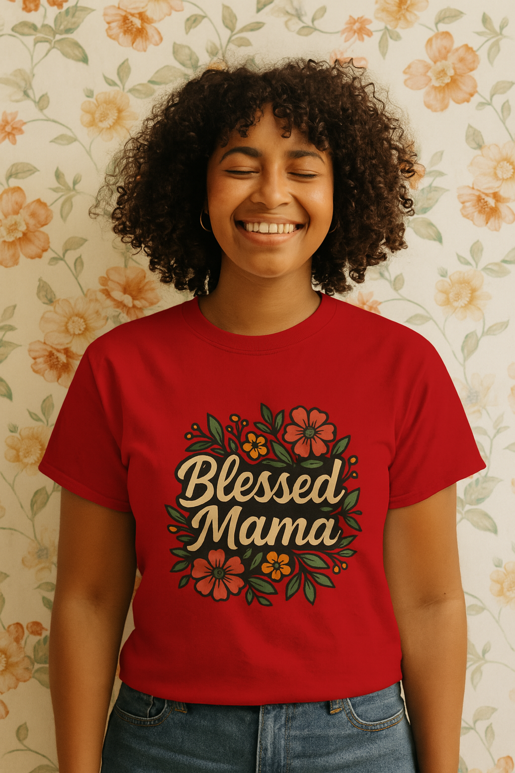 T-shirt “ Blessed Mama” Fleuri – Cadeau Idéal Fête des Mères, Nouvelles Mamans, Confort Décontracté au Quotidien