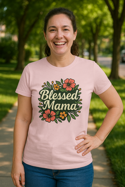 T-shirt “ Blessed Mama” Fleuri – Cadeau Idéal Fête des Mères, Nouvelles Mamans, Confort Décontracté au Quotidien