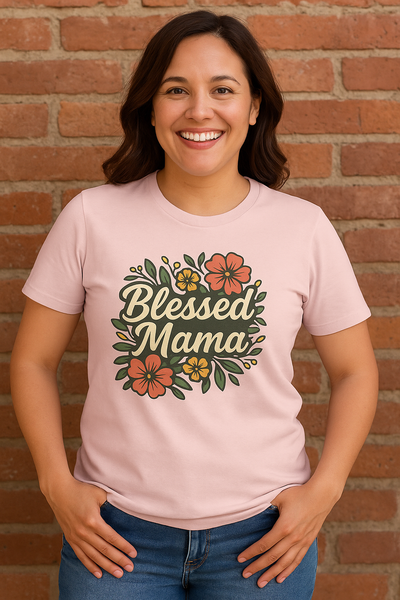 T-shirt “ Blessed Mama” Fleuri – Cadeau Idéal Fête des Mères, Nouvelles Mamans, Confort Décontracté au Quotidien